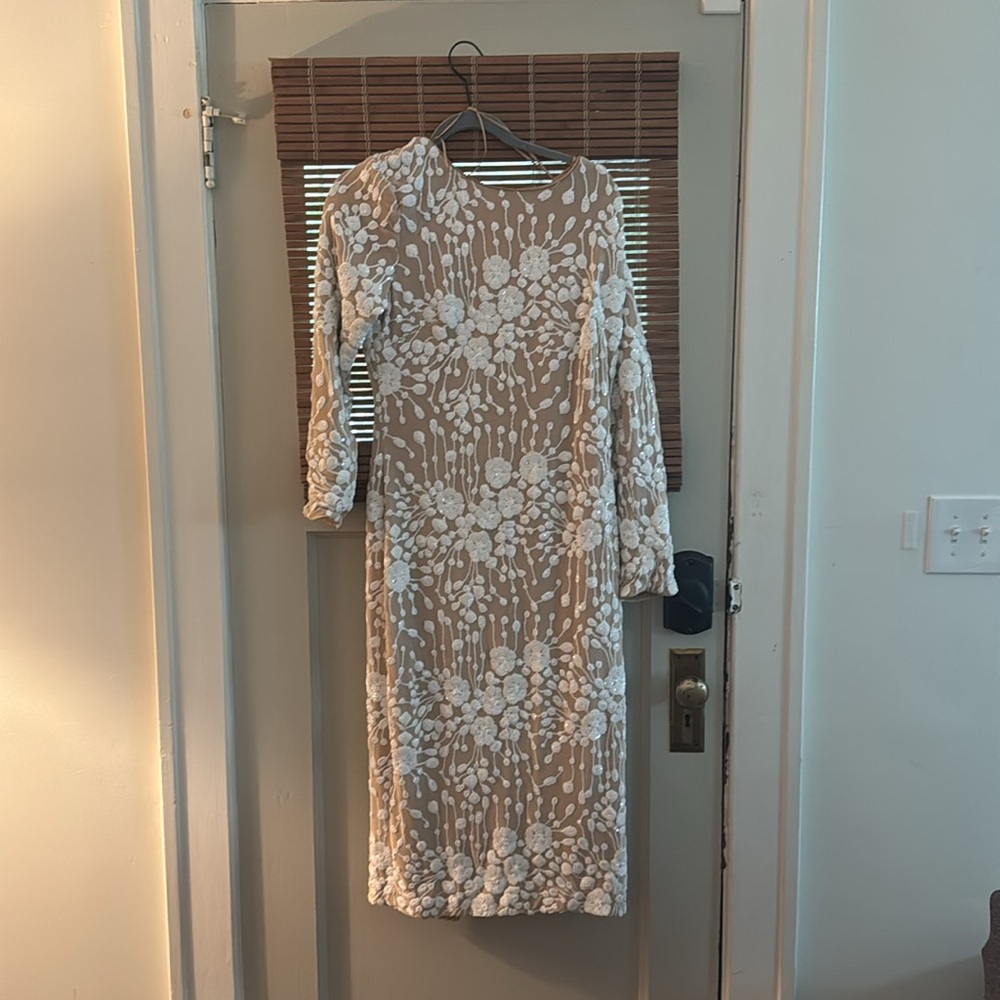 Long sleeve beaded white nude dress